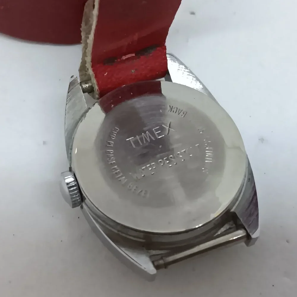 VINTAGE Timex Manual Wind Women's 24 mm Silver Tone Red Leather Bund Strap Watch